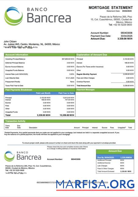 Realistic Mexico Bancrea mortgage statement Word and PDF template